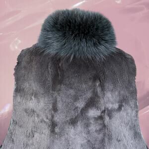 Y2K real fur vest with fox collar 2000s grunge green and gray
